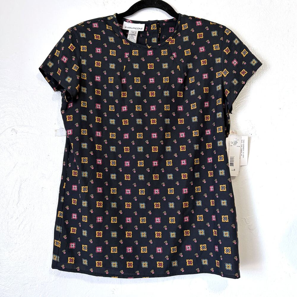 Vintage Evan Picone NWT 100% Silk Geometric Print Blouse Top Black Size 6